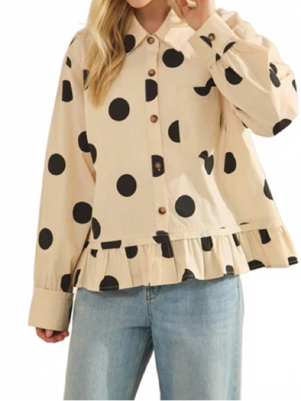 NWT SEWN + SEEN U.S.A Beige Polka Dot Ruffle Hem Button-Up Top Sz S